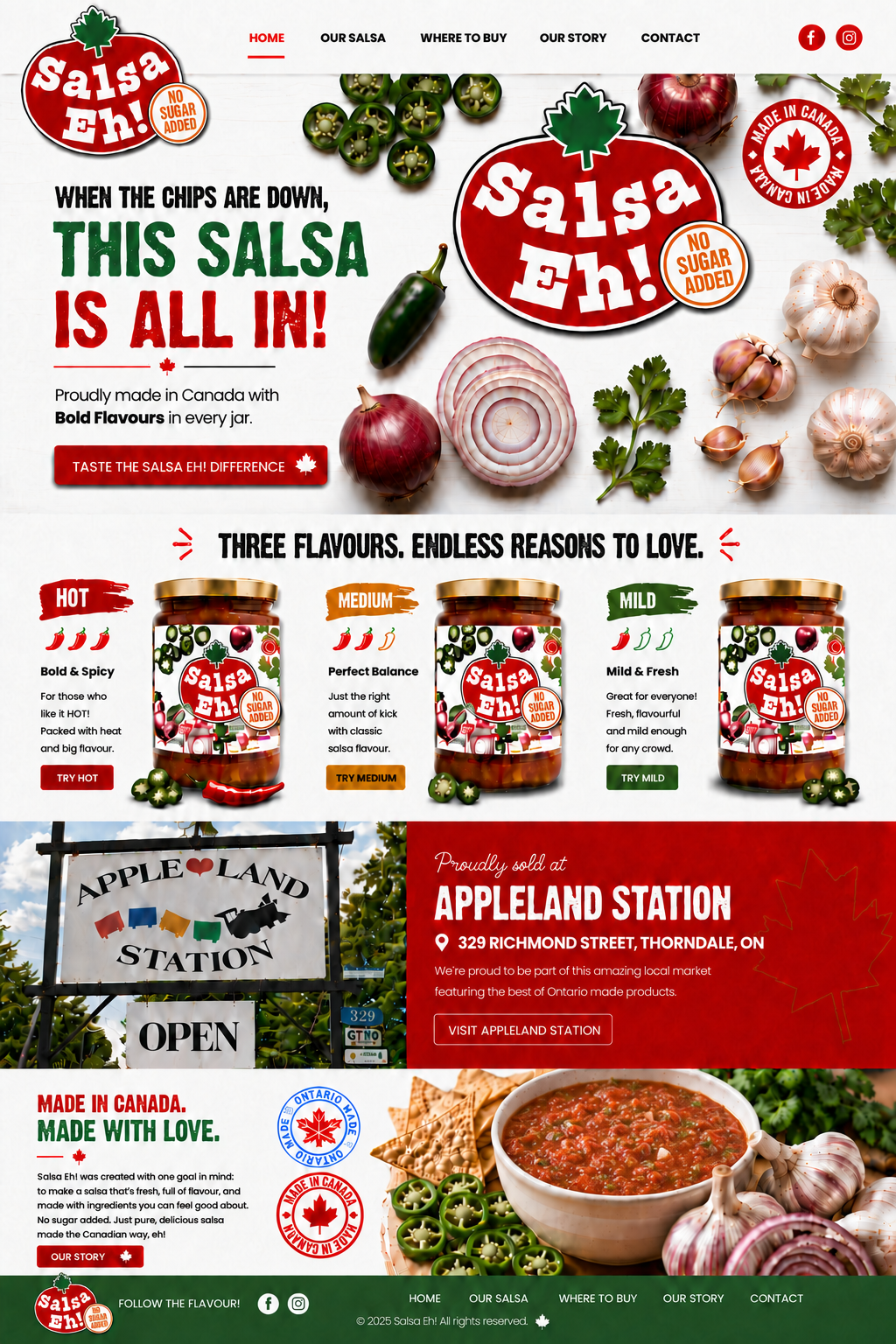 Salsa Eh! — proudly made in Canada, available in hot, medium and mild flavours at Appleland Station in Thorndale, Ontario.